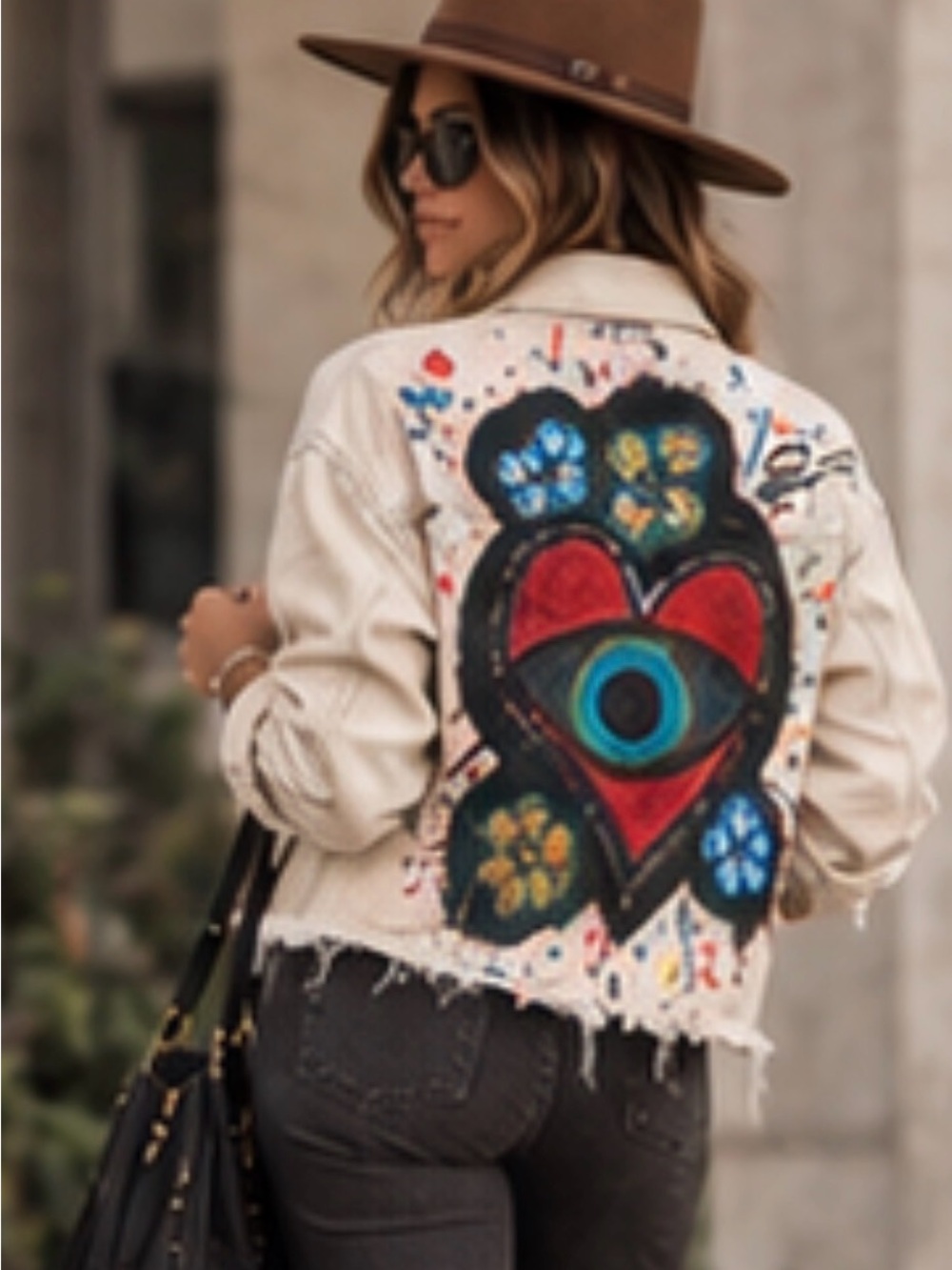OOAK Hand Painted Denim Jacket Heart Eye Wearable Art Distressed Boho